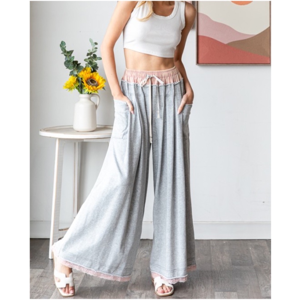 Oli & Hali Gray Wide Leg Lounge Pants with Pink Trim
